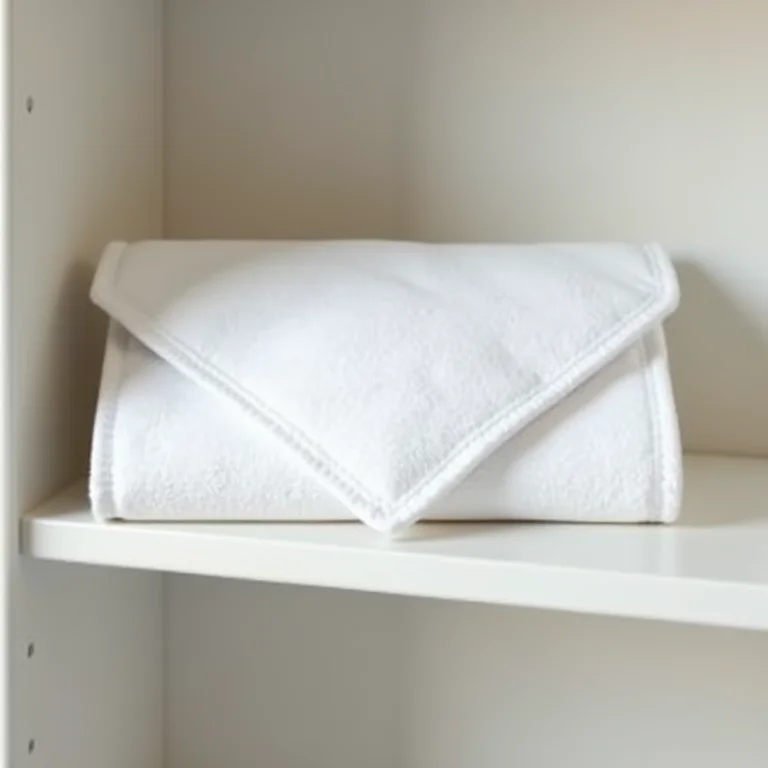 Toalha branca dobrada no formato de envelope para organização.