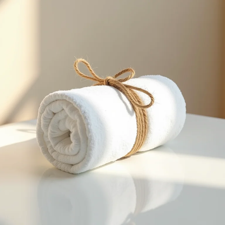 Toalha branca enrolada e amarrada com barbante para decoração.