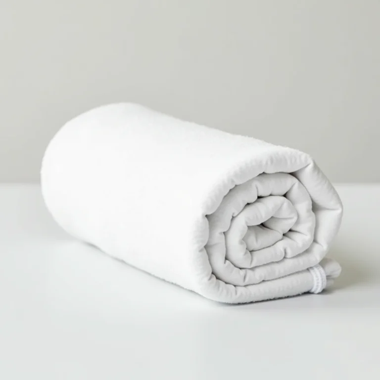 Toalha de mesa branca enrolada para otimizar espaço