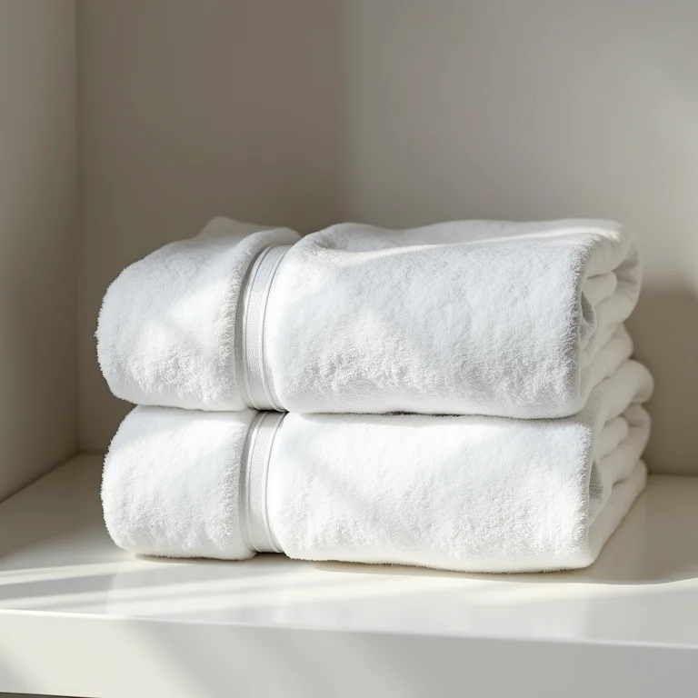 Toalhas brancas dobradas em prateleira de banheiro pequeno