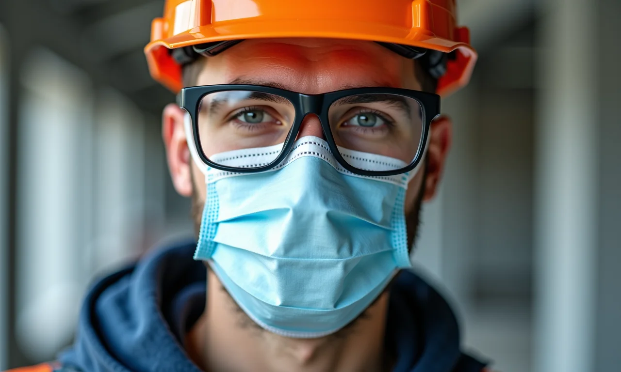 Trabalhador da construção civil usando EPIs durante limpeza pós obra.