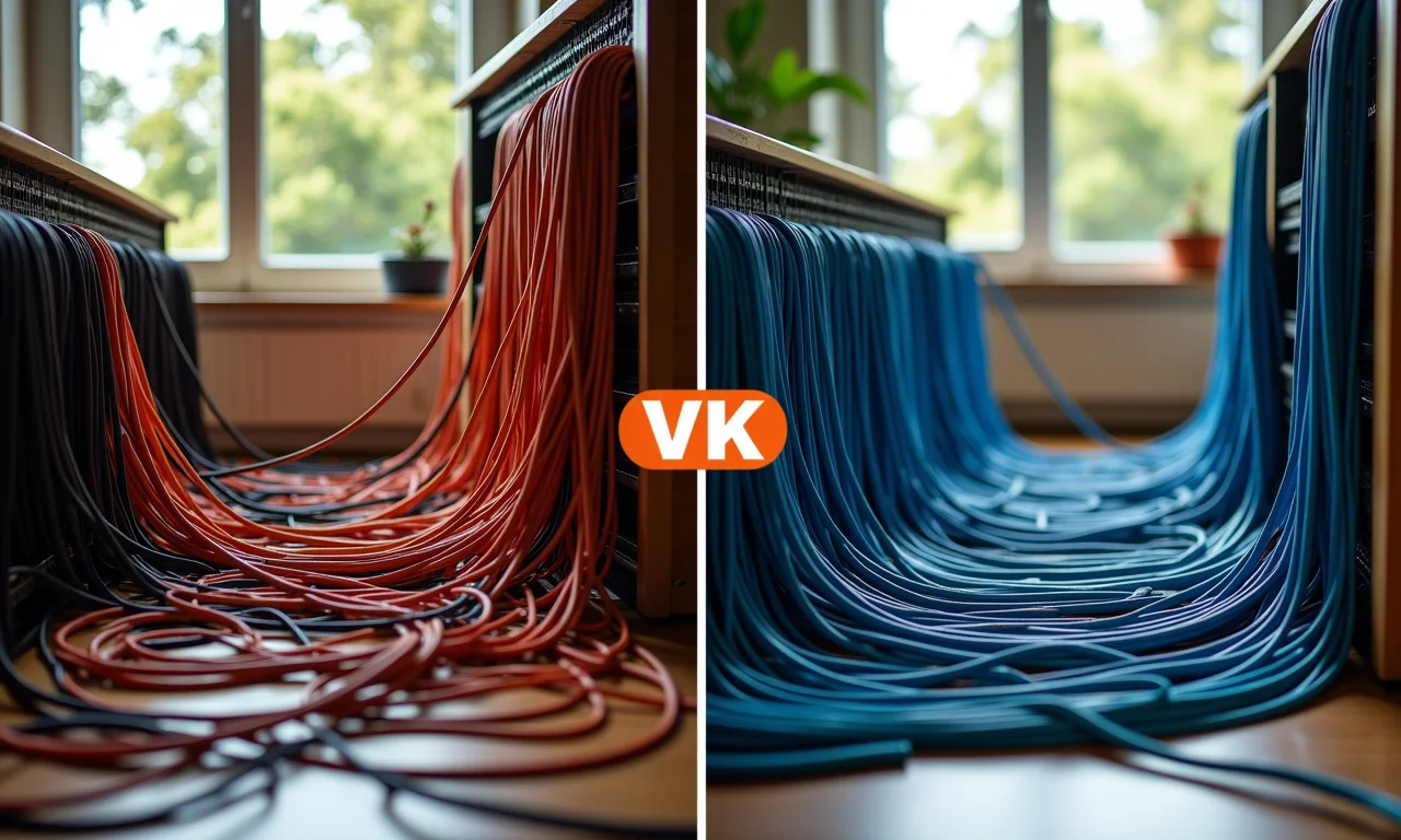 Transformação de cabos emaranhados em organização perfeita, antes e depois.