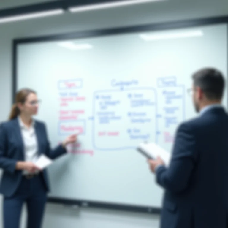 Um quadro branco com categorias de tópicos delineadas para um debate.