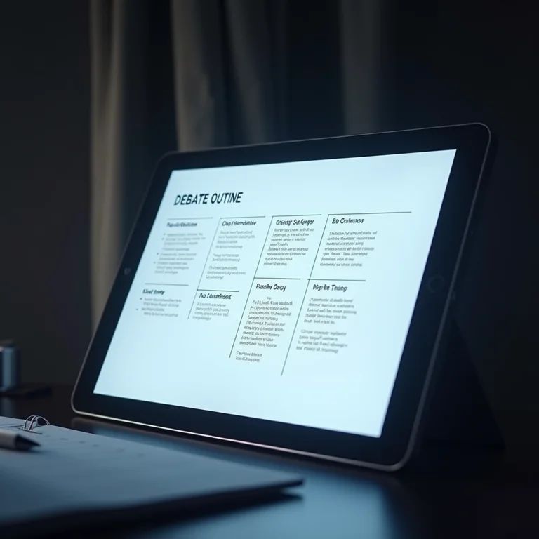 Um tablet exibindo um roteiro de debate meticulosamente preparado.