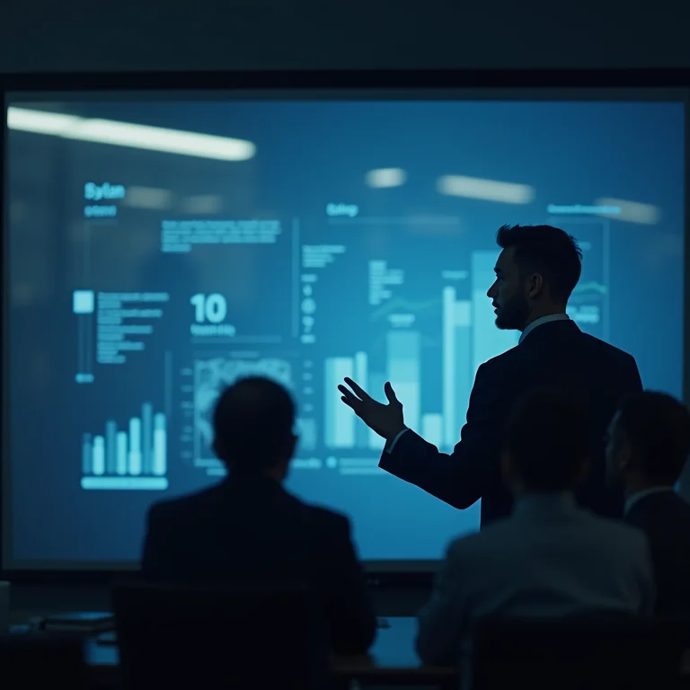 Uma pessoa apresentando argumentos com dados de apoio em uma tela.