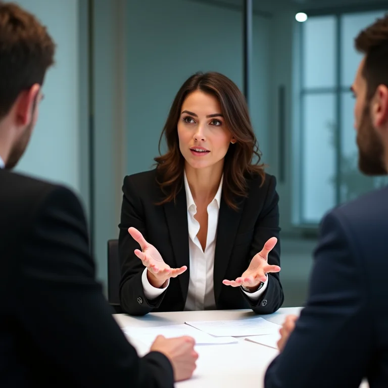Uma pessoa moderando uma discussão com gestos calmos e assertivos.