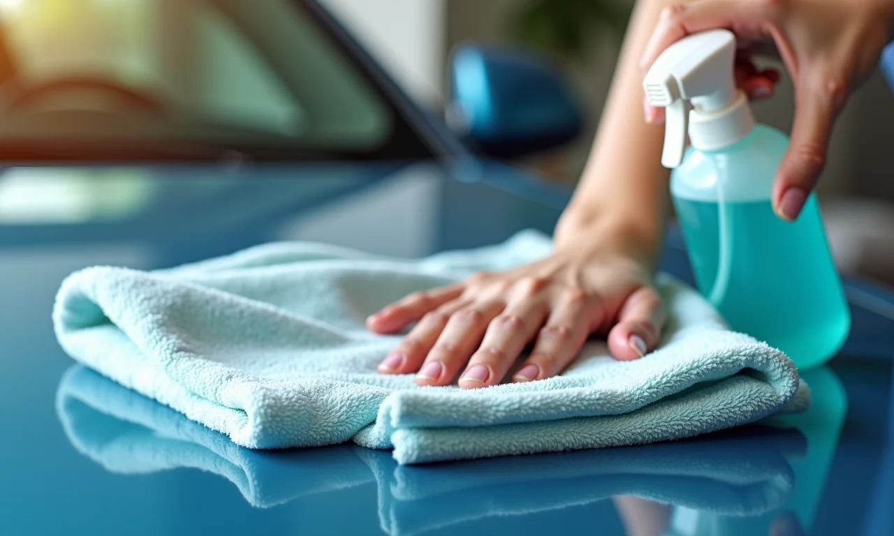 Umedecendo o pano de microfibra com a solução de limpeza.