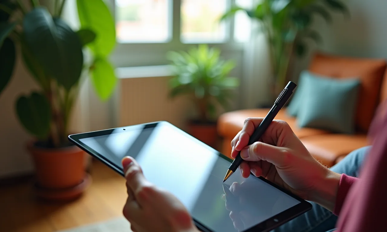 Usando app de notas no tablet em apartamento.