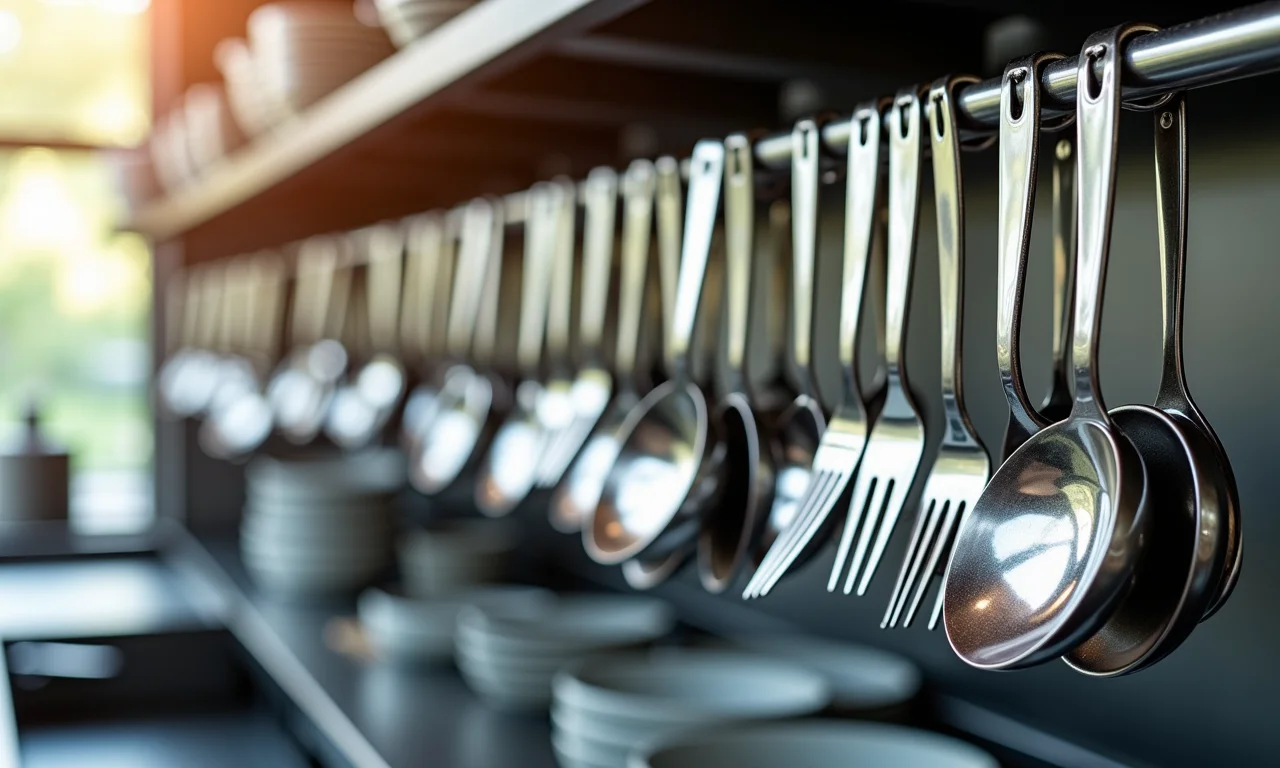 Utensílios de cozinha de restaurante limpos e organizados.