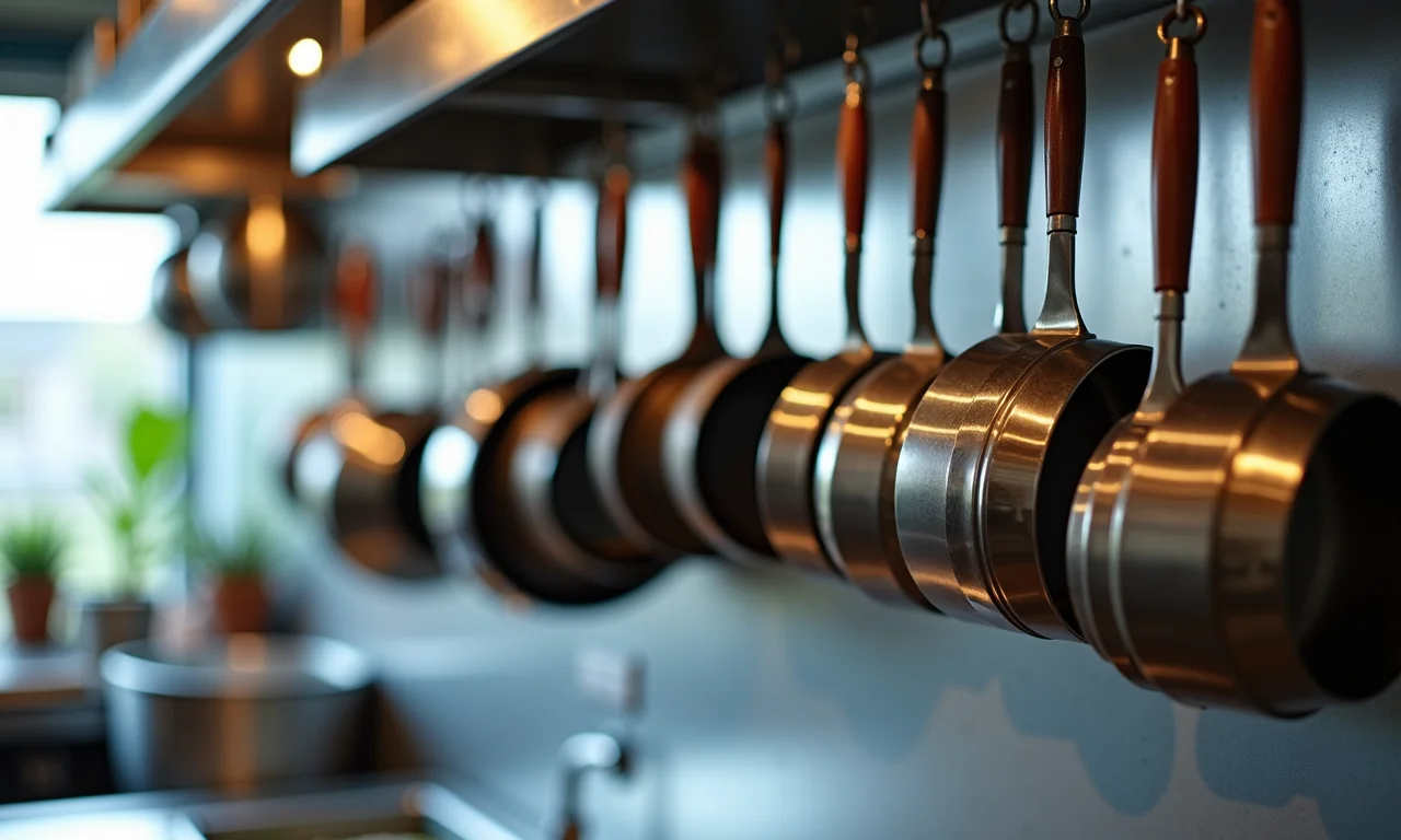 Utensílios e panelas pendurados em cozinha industrial