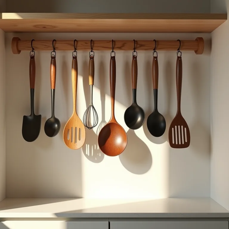 Utensílios pendurados em ganchos e barras na despensa.