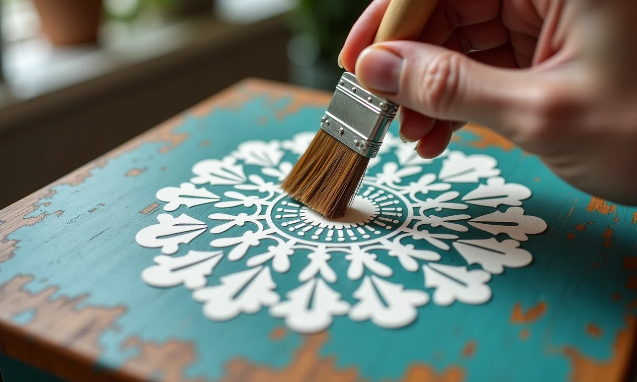 Utilização de stencils para criar desenhos na pátina.