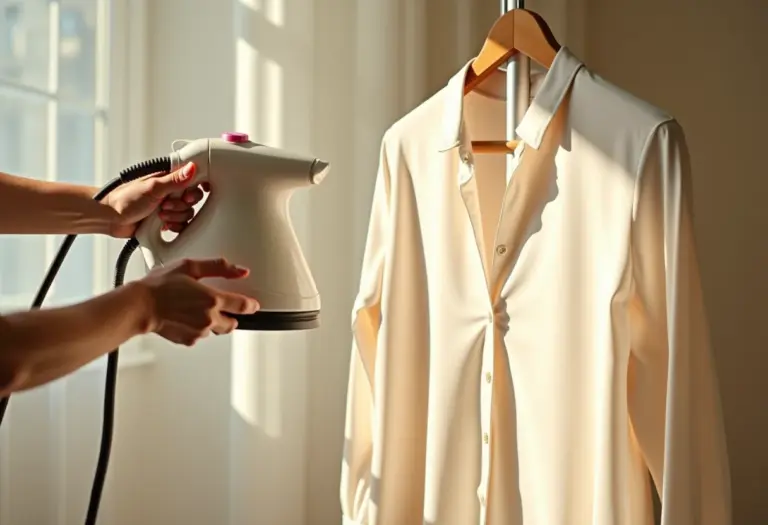 Vaporizador de roupas eliminando rugas de blusa de seda