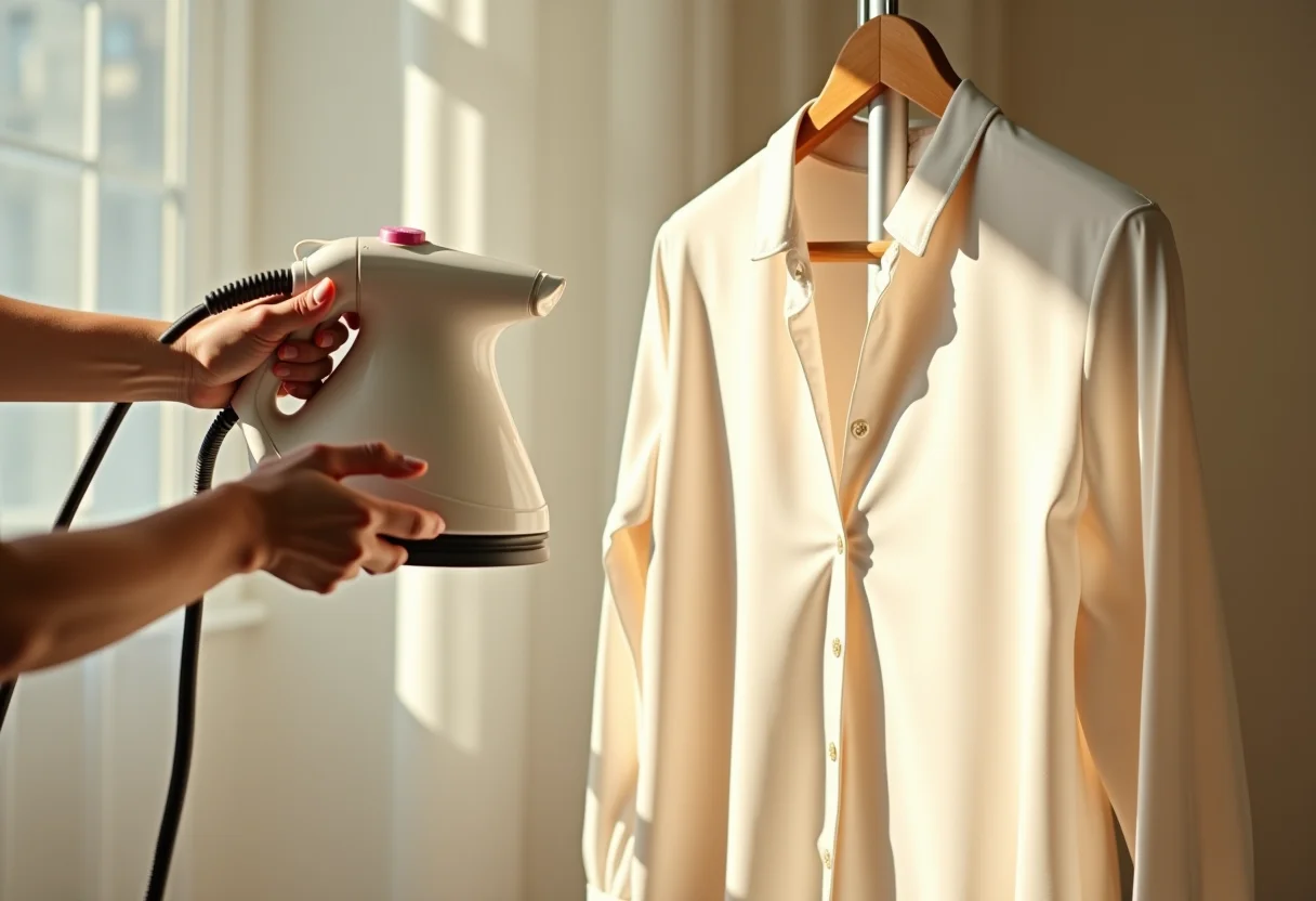 Vaporizador de roupas eliminando rugas de blusa de seda