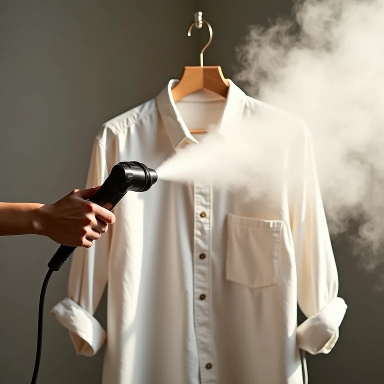 Vaporizador de roupas em ação em camisa de linho