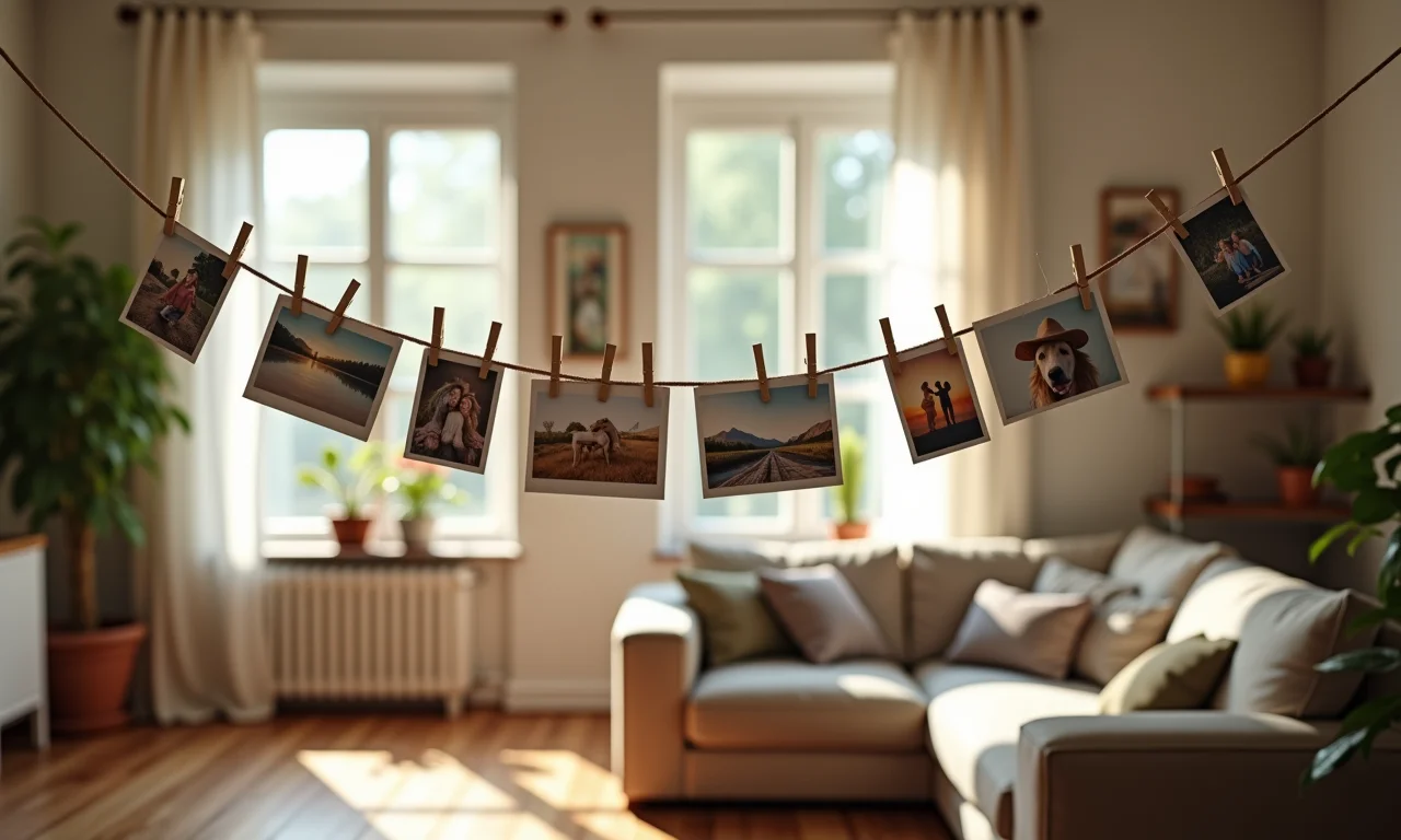 Varal de fotos com pregadores decorando uma sala aconchegante.