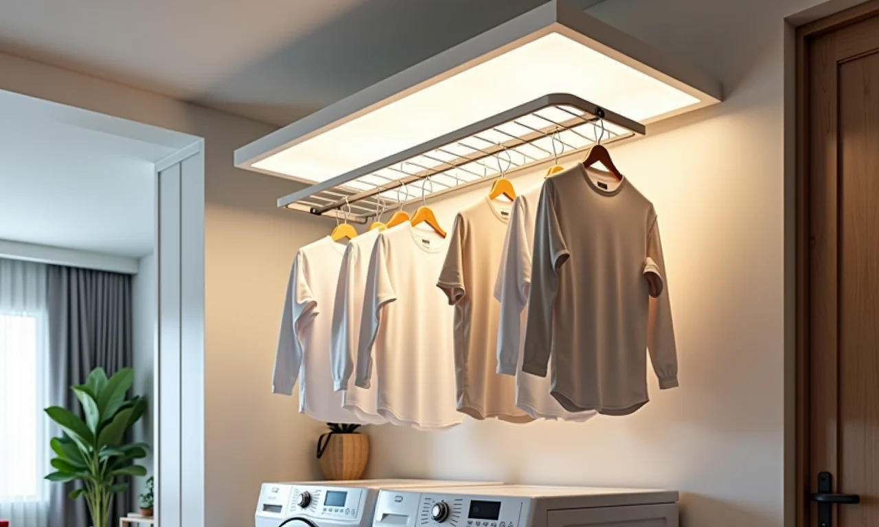 Varal de teto com iluminação embutida, elegante e prático.