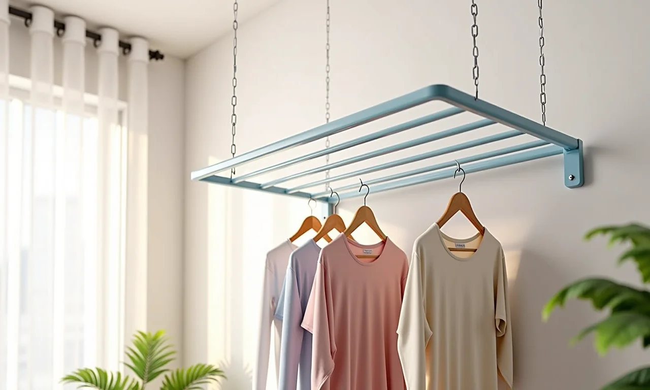 Varal de teto com varetas individuais, fácil de usar.