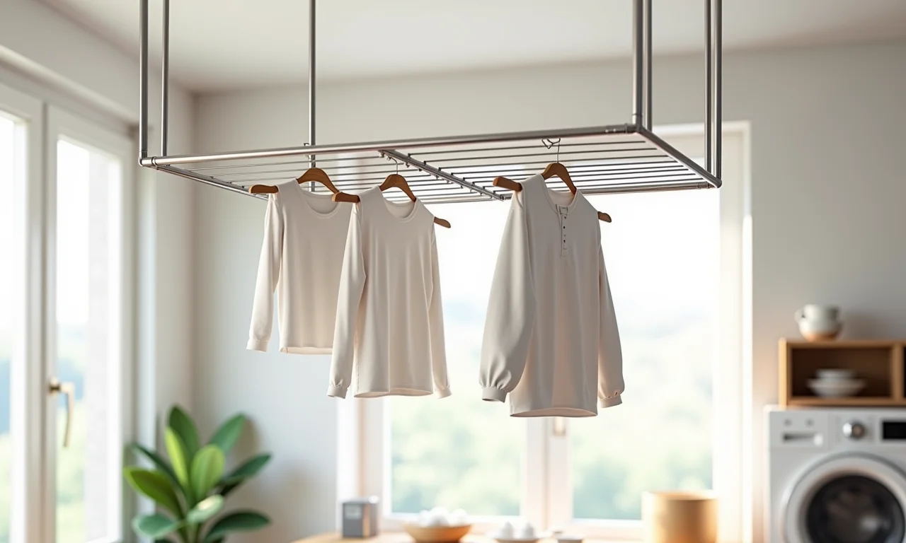 Varal de teto de aço inox em lavanderia elegante.