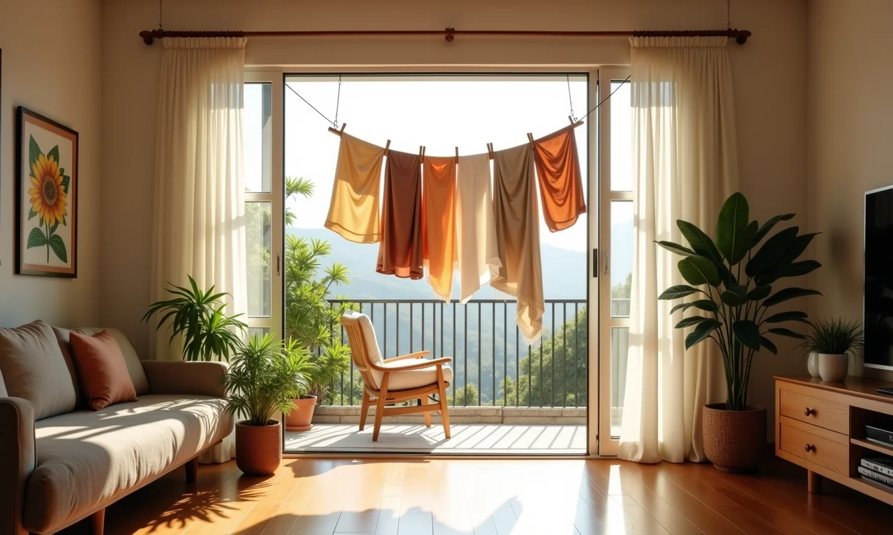 Varal de teto em apartamento iluminado, com roupas secando.