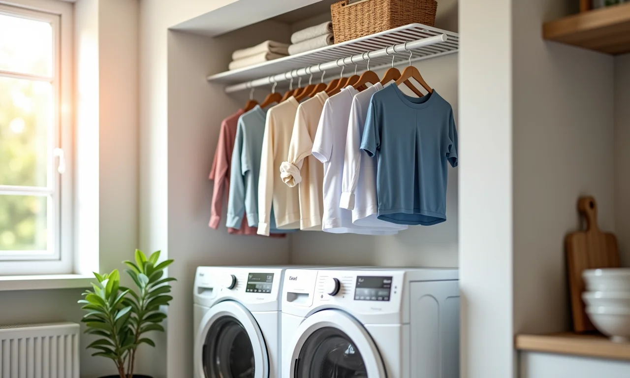 Varal de teto em lavanderia pequena, otimizando espaço.