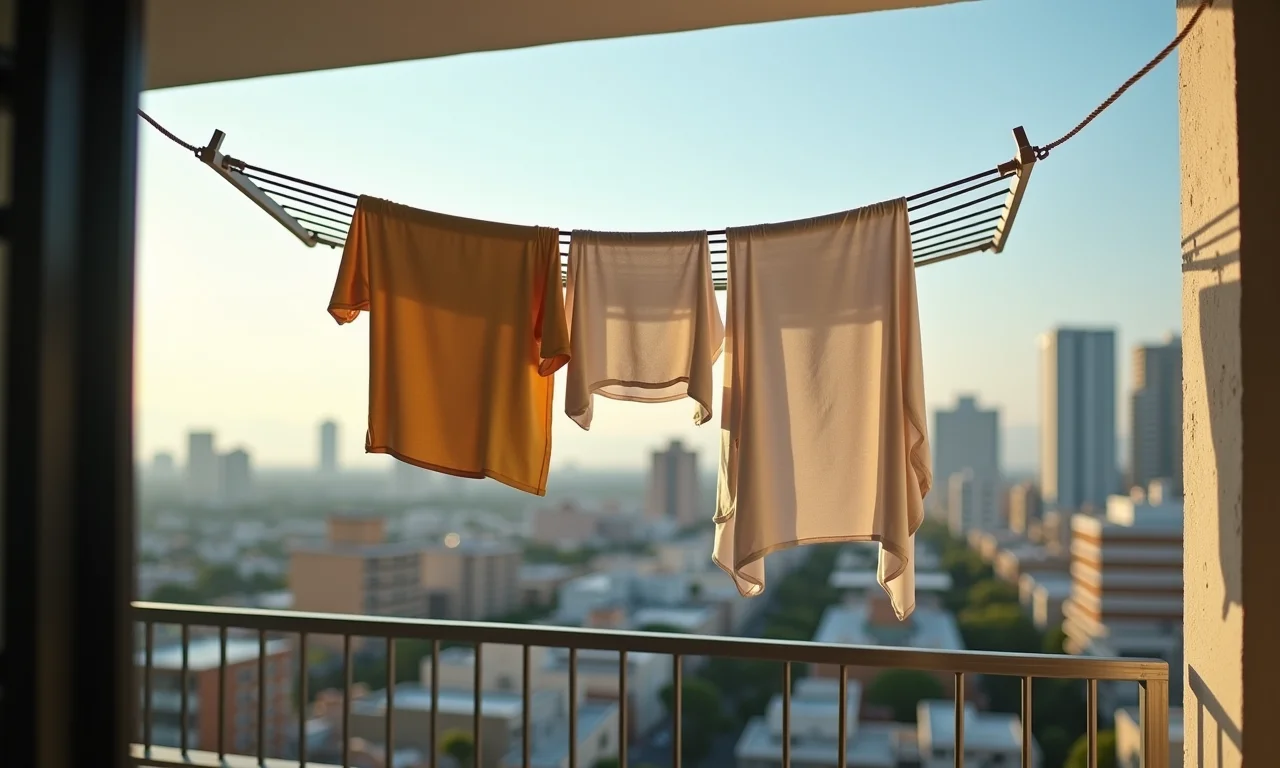 Varal de teto em sacada com vista para a cidade.