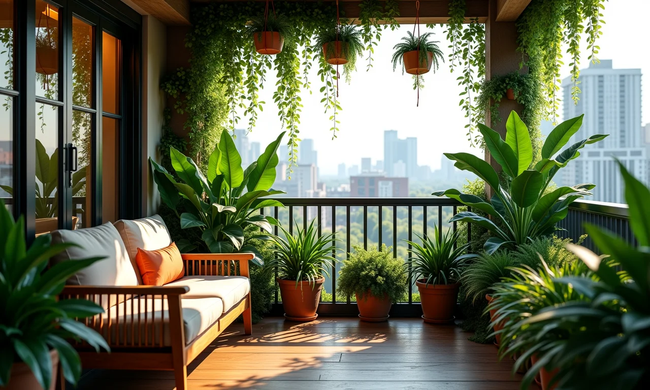 Varanda com tema de selva, plantas e vista urbana.