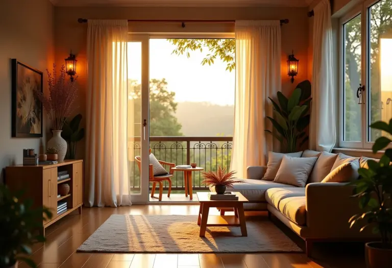 Varanda decorada com iluminação aconchegante