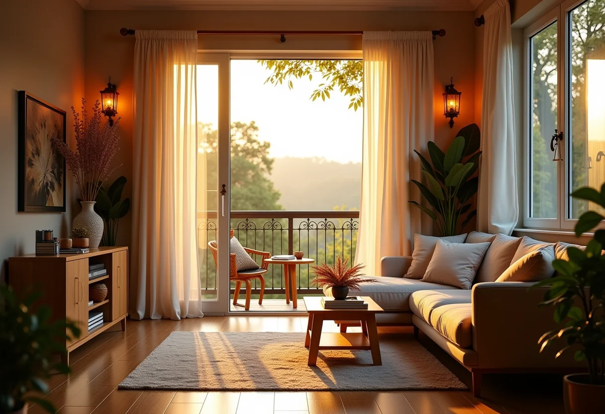 Varanda decorada com iluminação aconchegante