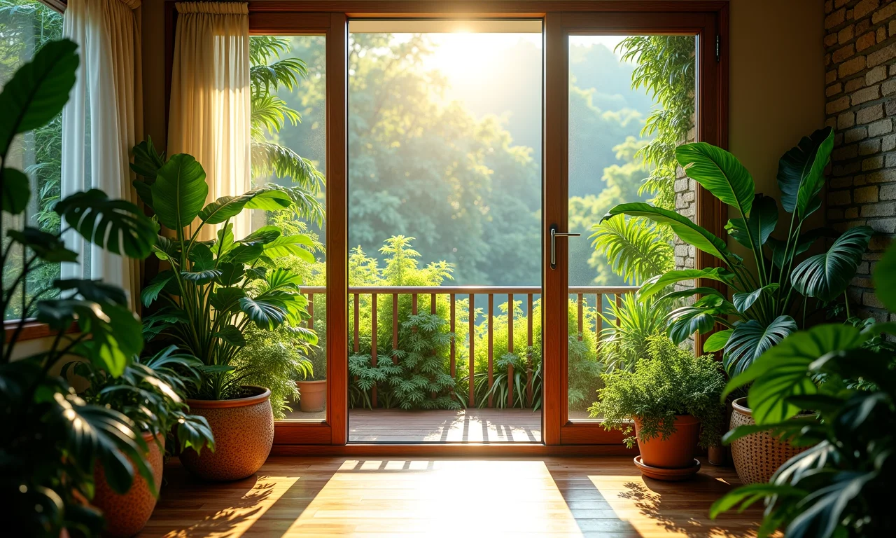 Varanda ensolarada repleta de folhagens tropicais, como monsteras e samambaias.