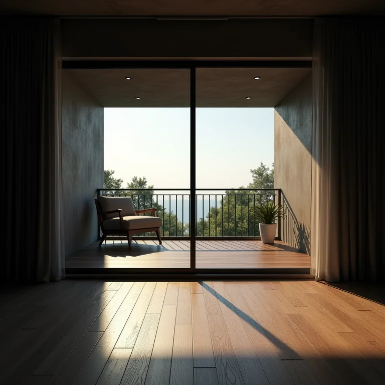 Varanda envidraçada com iluminação inadequada, mostrando sombras e falta de luz natural