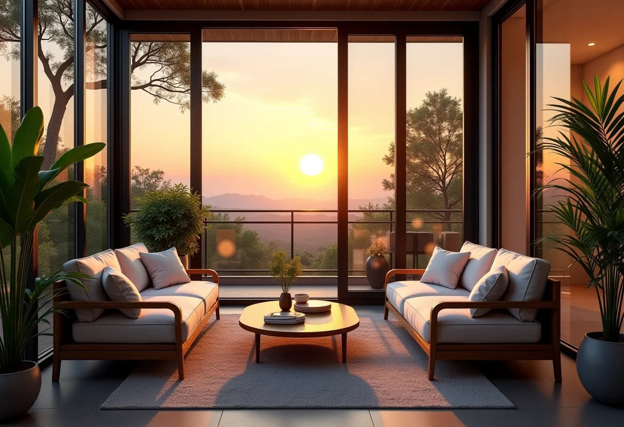 Varanda envidraçada decorada com móveis confortáveis e plantas exuberantes ao pôr do sol