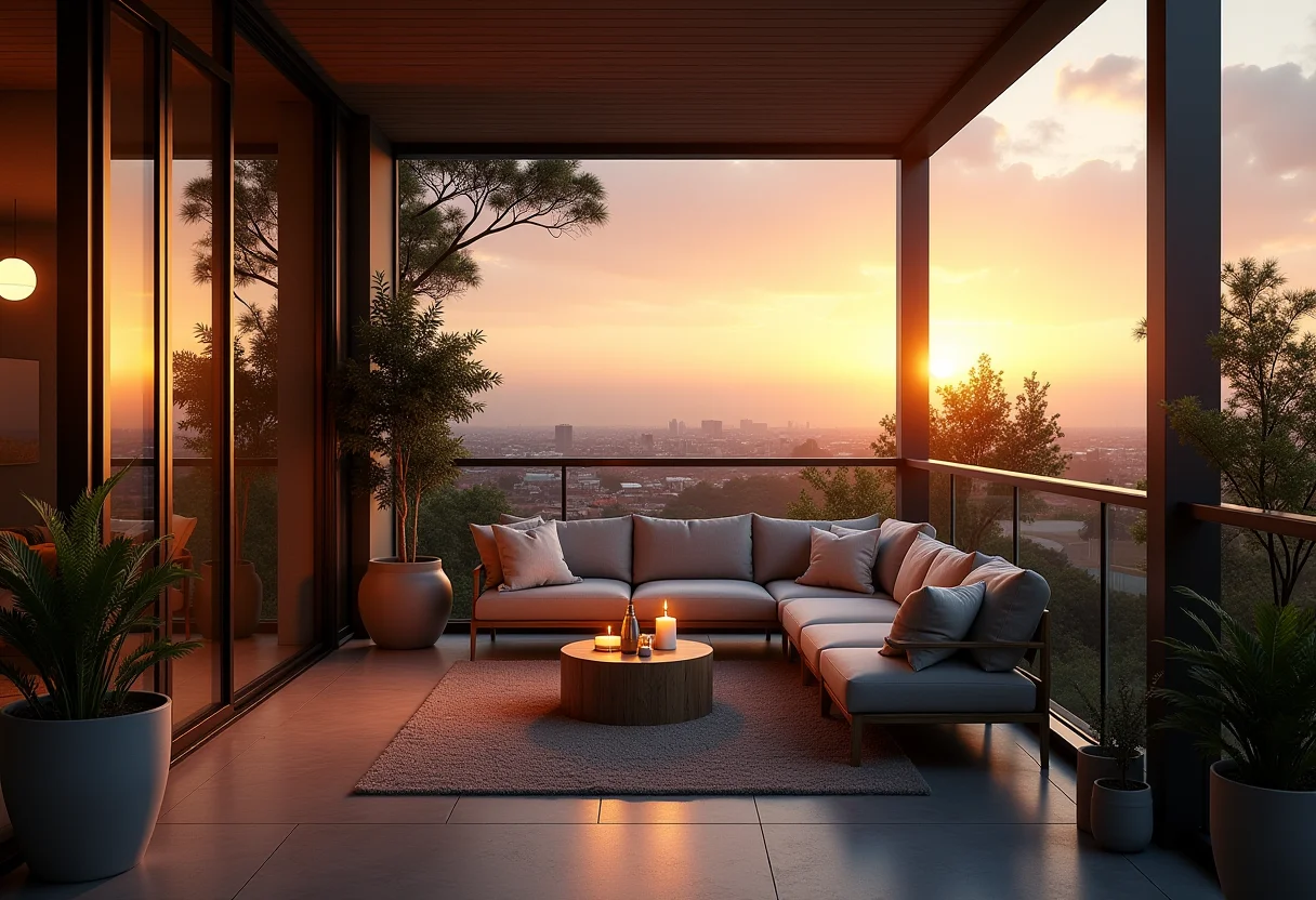 Varanda envidraçada decorada com vista para a cidade ao entardecer