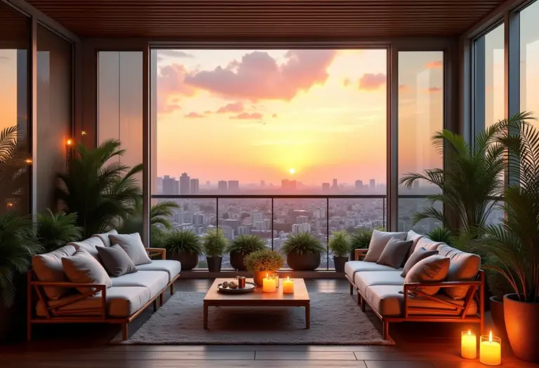 Varanda envidraçada decorada com vista para a cidade ao pôr do sol