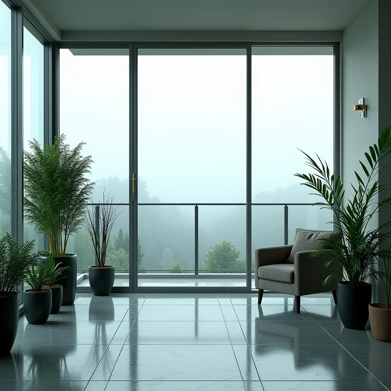 Varanda envidraçada sem plantas, mostrando um ambiente frio e sem vida