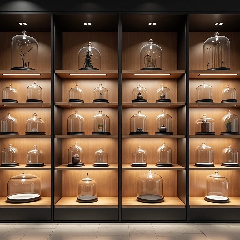 Variedade de cúpulas de vidro em uma loja de decoração.