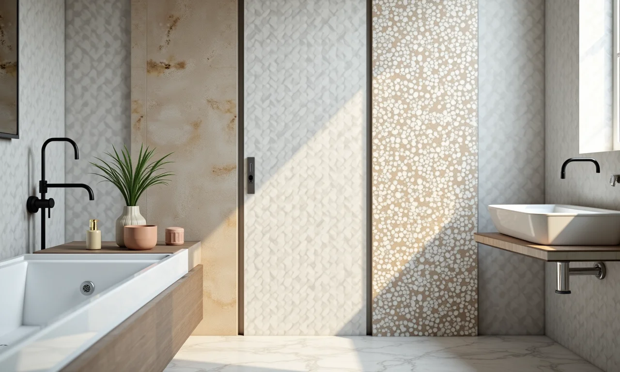 Variedade de padrões de pastilhas para banheiro.