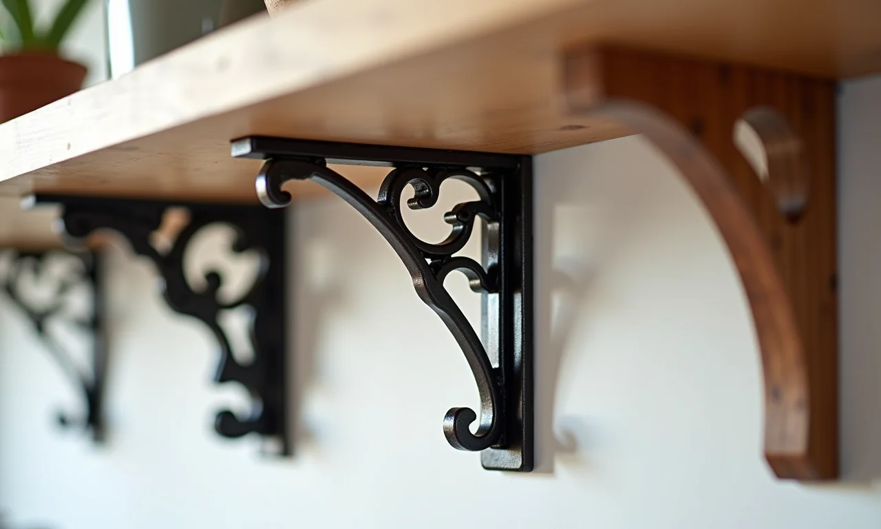 Variedade de suportes para prateleiras: metal industrial, ferro forjado decorativo, madeira minimalista.