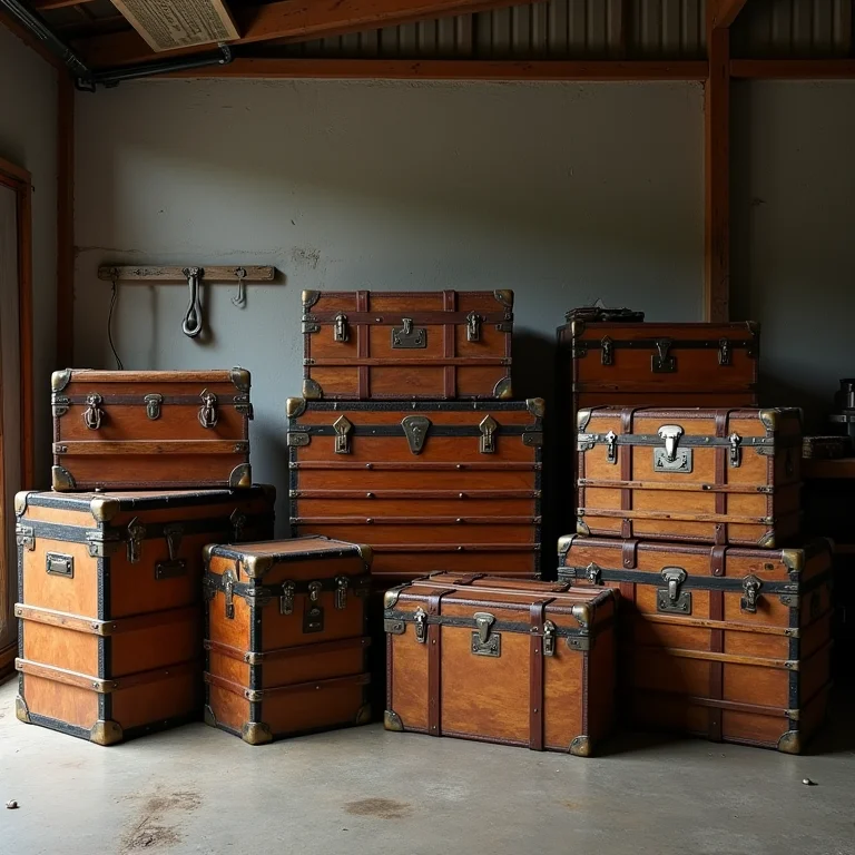 Vários baús antigos aguardando restauração.