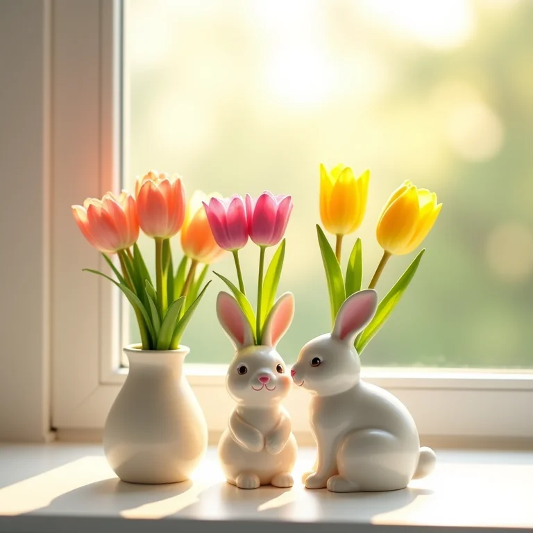 Vasinhos com coelhinhos e flores da primavera.