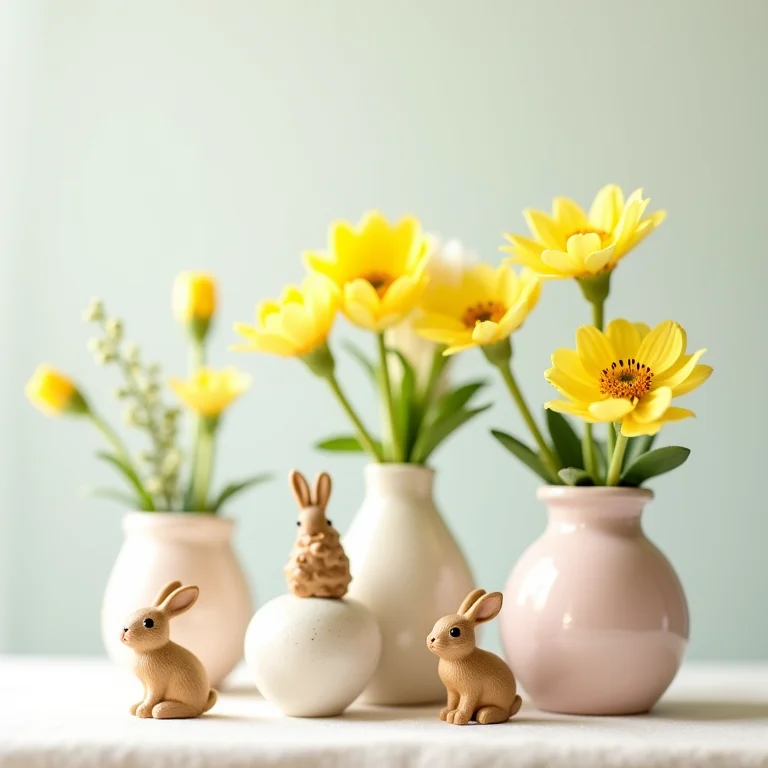 Vasinhos decorados com coelhinhos e flores para a Páscoa