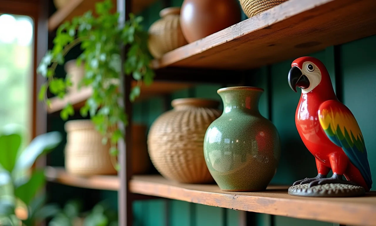 Vaso de cerâmica artesanal, cestos de vime e estátua colorida de arara.