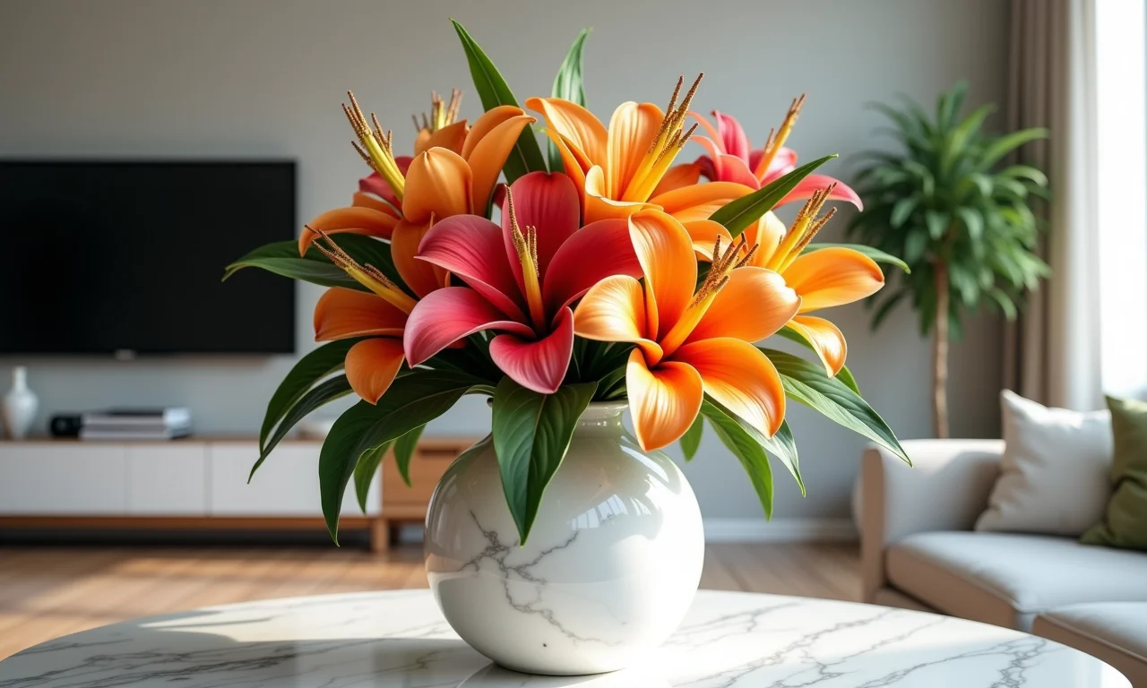 Vaso de mármore branco com flores tropicais vibrantes.