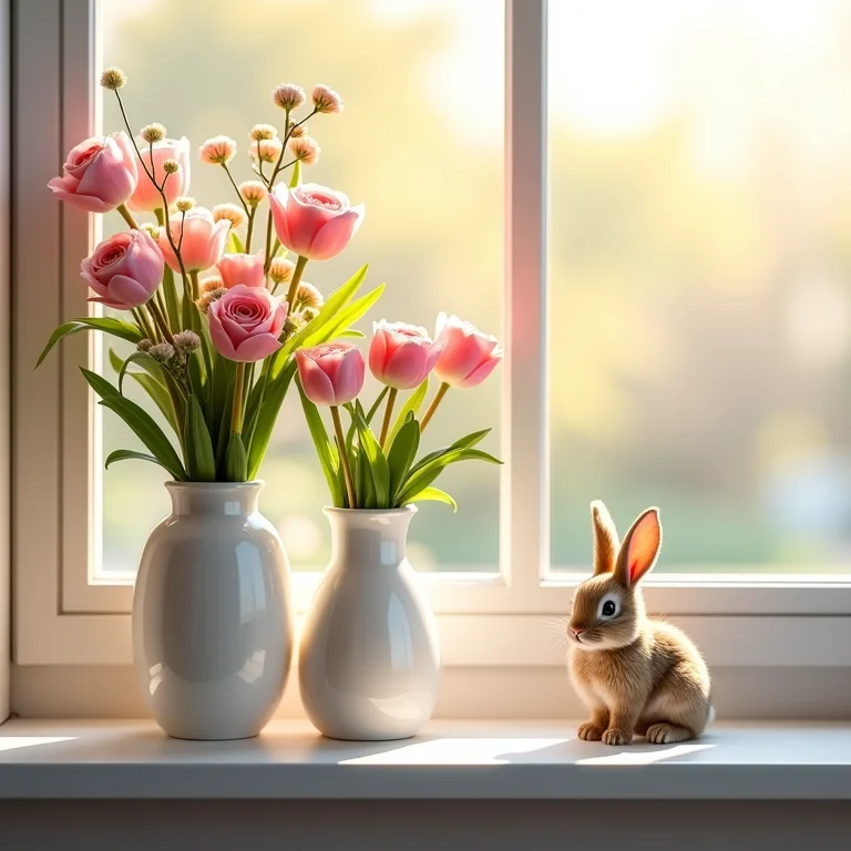 Vasos de flores com enfeites de coelhinho na janela