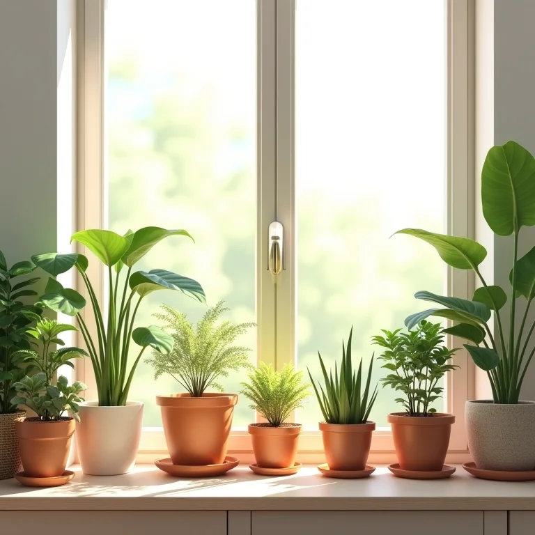 Vasos de plantas diversas em uma janela ensolarada.