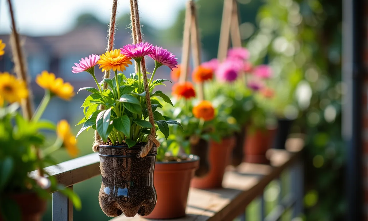 Vasos de plantas suspensos feitos de garrafas PET coloridas em uma varanda.