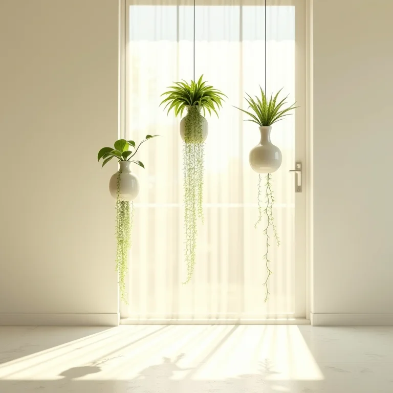 Vasos suspensos com plantas pendentes.