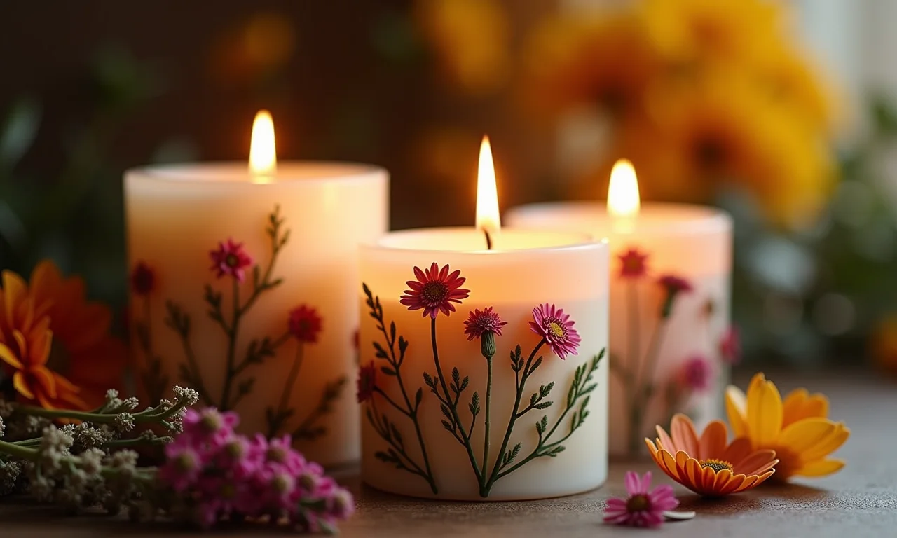 Velas artesanais decoradas com flores secas.