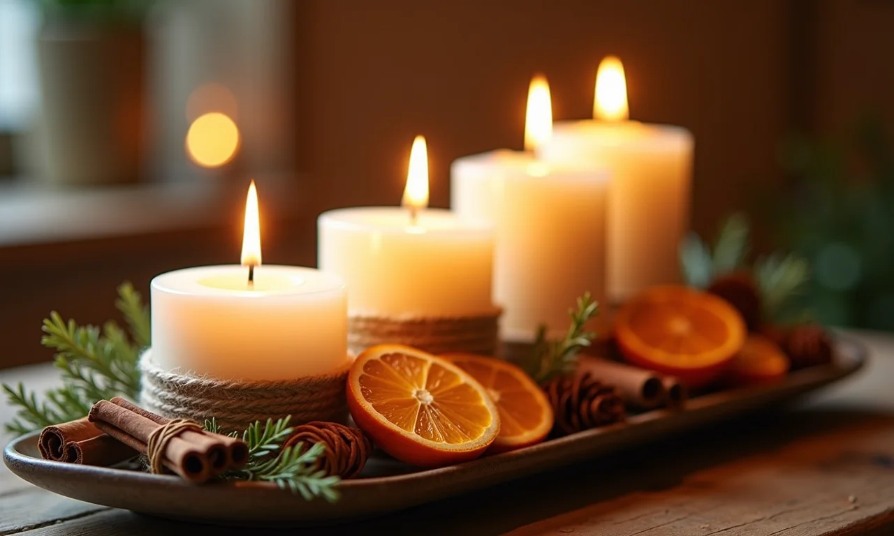 Velas decoradas com canela, laranja seca e barbante, luz natural.