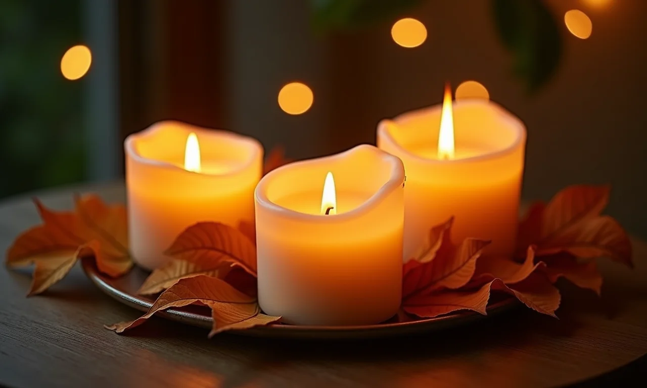 Velas decoradas com folhas secas.